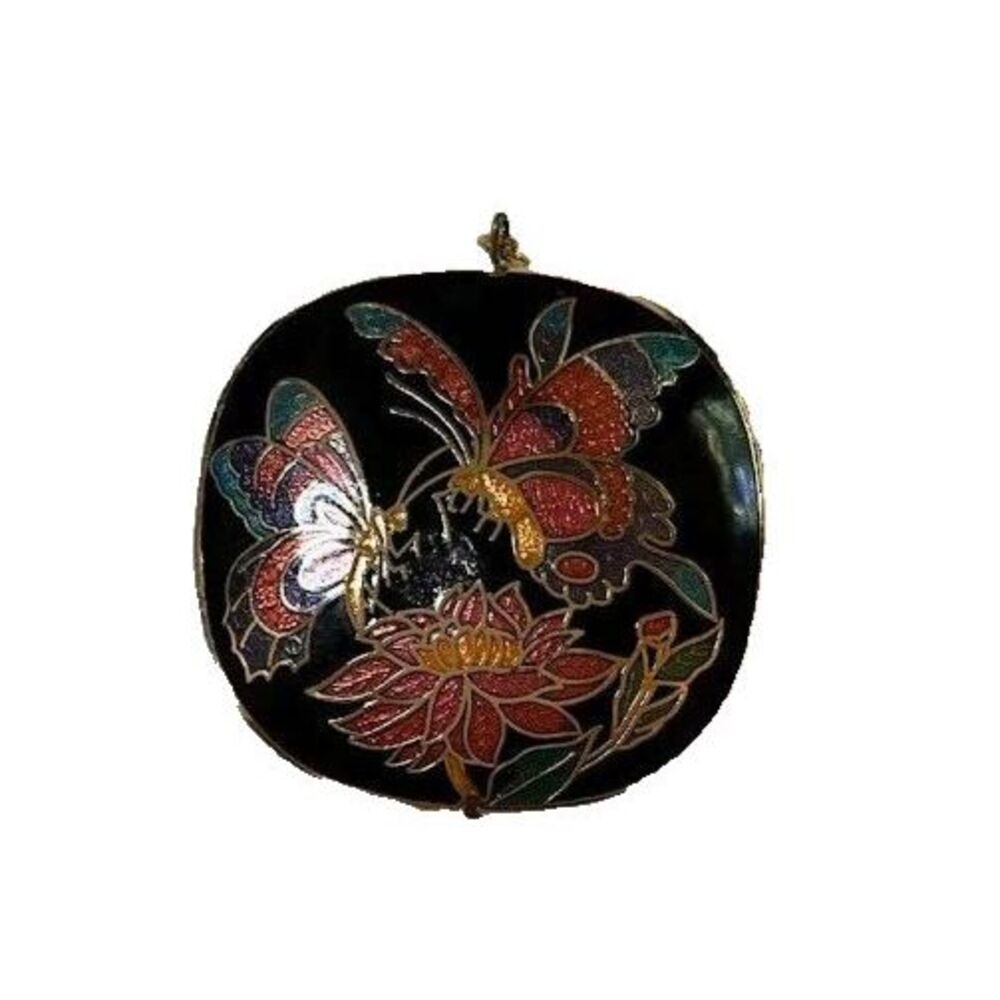 Large Vntg Whimsical Enamel Cloisonne Black w/Colorful Butterfly 2-Side Pendant